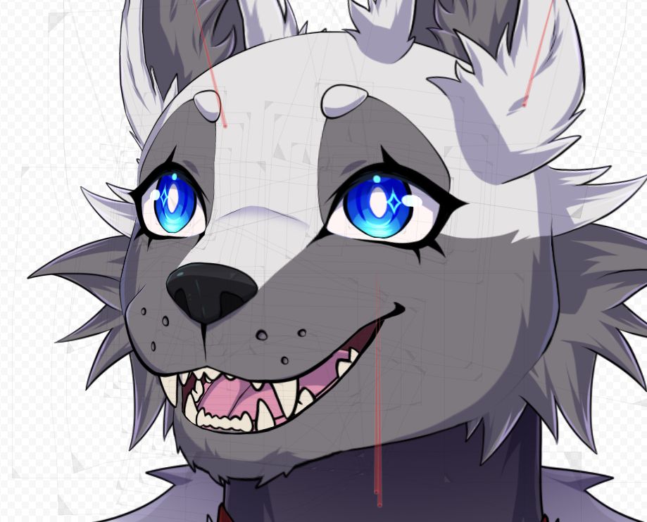 A screenshot of a dog vtuber model in the middle of being rigged. his head is looking up and to the left with the mouth open.