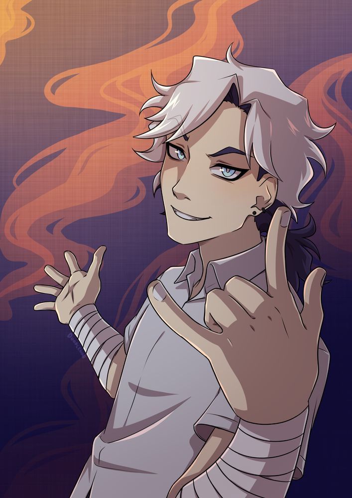 A halfbody illustration of a humanoid character with white and black hair, bright blue eyes and bandages on his forearms.