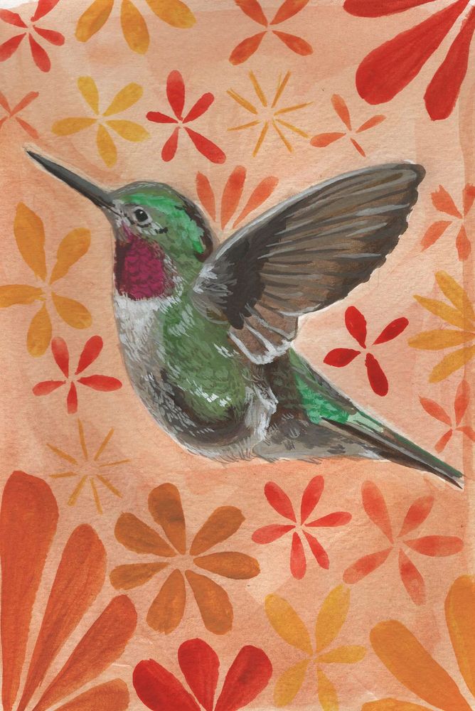 Painting. Anna's Hummingbird surrounded by stylised red, orange and yellow flowers