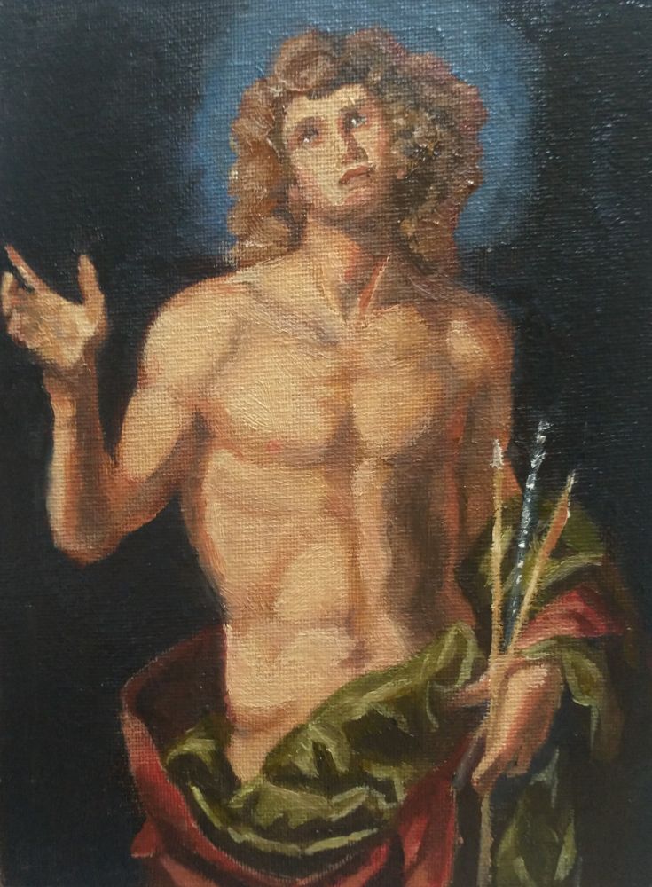 Oil painting depicting a white man with long curly hair, undressed to the waist. Red and green fabric is gathered over one arm and around his hips, and in the hand on that side he holds a number of arrows. The other hand is raised and the fingers are slightly curled. His eyes are cast upwards imploringly, and his head is framed by a pale blue halo. 