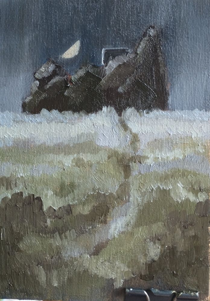 Oil painting depicting a path uphill through a grassy field, leading to a tower behind a bank of trees, with highlights picked out very delicately to represent moonlight. A half moon hangs low in the sky