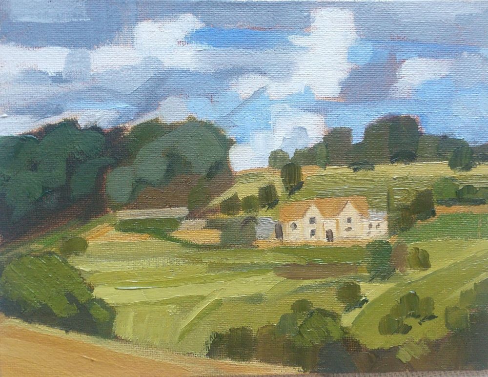 A small, blocky study of a farmhouse on a hill surrounded by trees, with a very active looking sky. Rendered sparingly, many of the trees and other details are single brushstrokes. 
