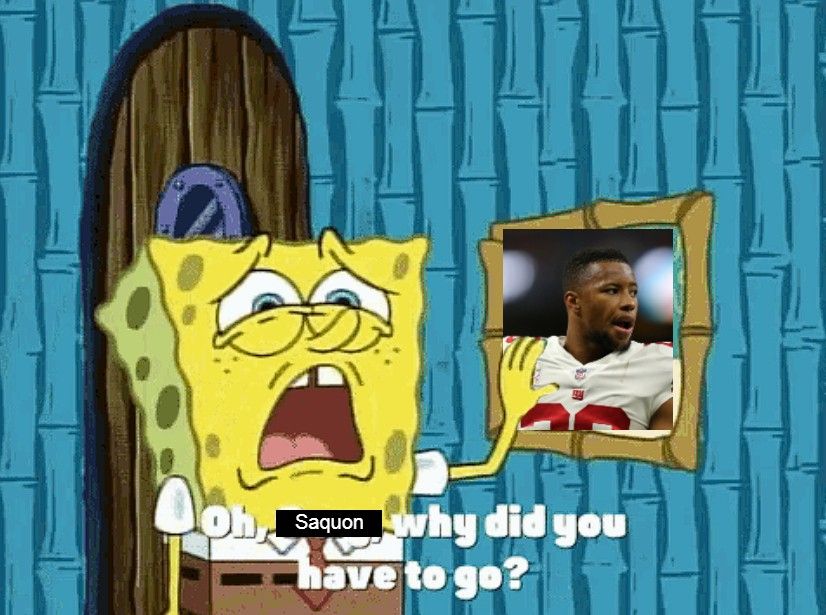 Spongebob standing in front of a picture frame with Saquon Barkley. Spongebob is crying and the caption reads "Oh, Saquon, why did you have to go?"