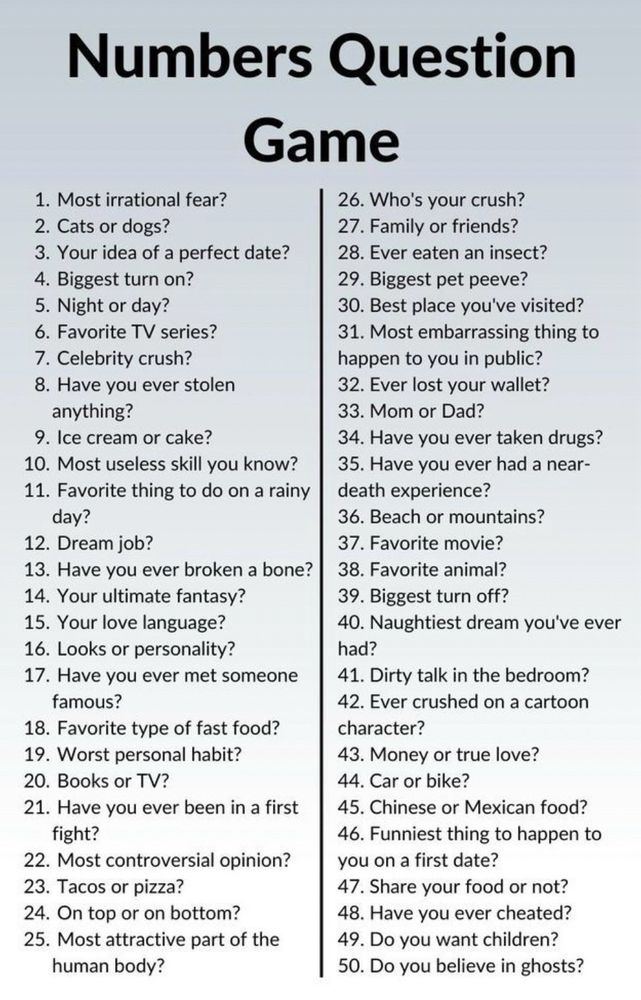 List of questions. The title says “numbers questions game” 