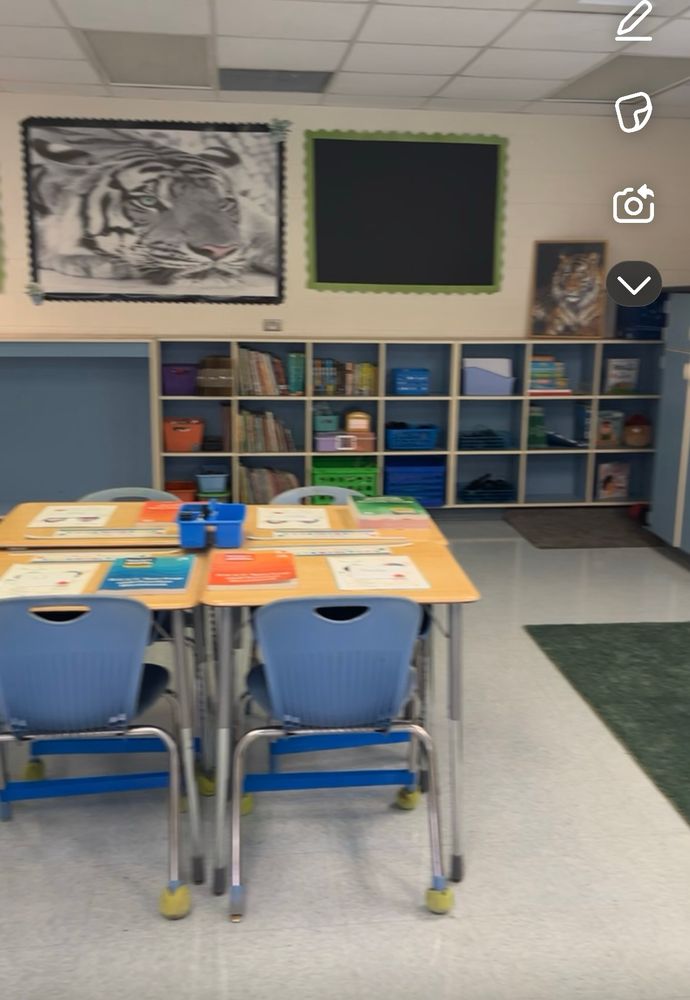 Elementary school classroom. There are four desks with chairs, a bookcase of books and toys, and a large white tiger mural on the wall. 