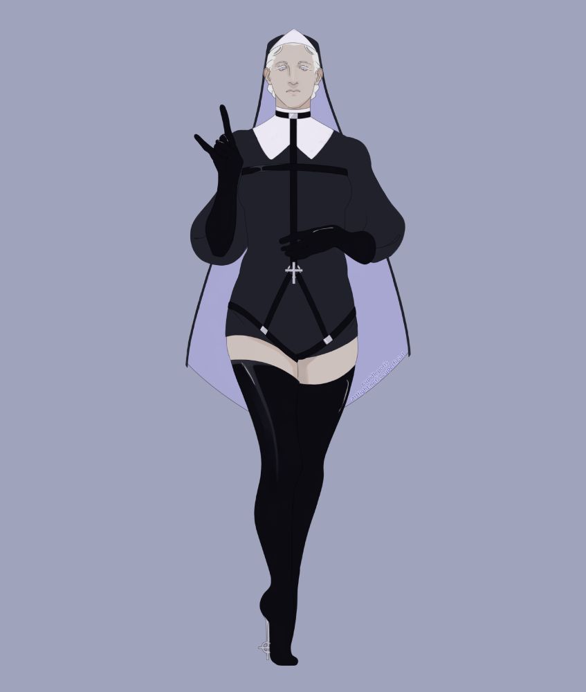 A digital drawing of a woman in an outfit made to loosely resemble a nun's, with various harnesses and latex gloves. She looks stoically down at the viewer, with one hand raised in a devil-horns gesture and the other at rest in front of her.