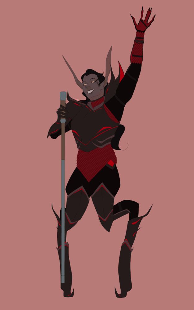 A digital drawing of an Elder Scrolls dark elf. She wears a full set of Daedric armor, and holds a silver-toned cane in one hand. She grins widely and waves; her eyes are cloudy and unfocused.