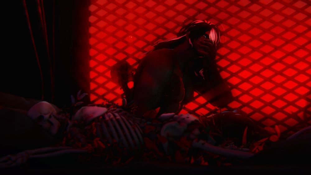 A picture of a man sitting on a bed, backlit in stark red from a lattice window. The man is Dima, a brown skinned midlander with dark hair with white streaks. He has a hand pressed to his face that hides his mouth. He’s looking at a skeleton in the foreground, overgrown with plants in the foreground. Another skeleton holds him from the back, its arms wrapped around him. It’s hard to tell if it’s an expression of horror upon Dima’s face, or something else.
