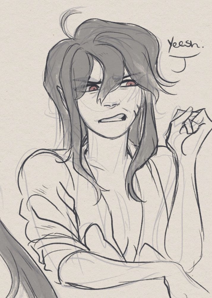 A picture of Aren. He’s grimacing and looks off to the side in disgust. A speech bubble next to him says “yeesh.” 