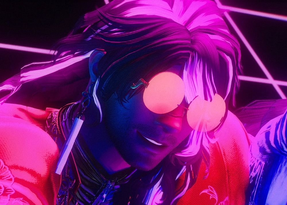 A closeup of the man. This is Dima, a brown-skinned midlander. There’s a scar on his nose, and he has long black hair with white streaks. His eyes are hidden by the glare on the round glasses he wears.