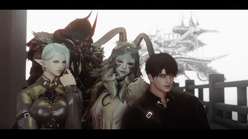 Four people, pose in front of an airship - an elezen woman with white hair and a coy gaze, a serious au ra man just behind her, a vieran woman who looks a little dazed and an unamused midlander man to the viera's right.