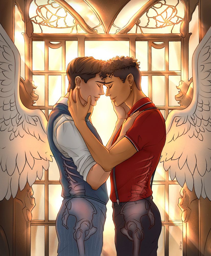 Charles Rowland and Edwin Payne from the Netflix TV show Dead Boy Detectives are in profile, facing each other, forehead to forehead. Their eyes are closed and they are smiling softly. They both have their hands around each other's faces, Edwin has one hand resting on Charles's chest. Behind them, a beautiful art nouveau stained glass window, the setting sun filtering softly. Their bodies have the bones of their skeletons showing, but not in a frightening way. On their backs there are large white wings. The colors are warm, in shades of gold. 