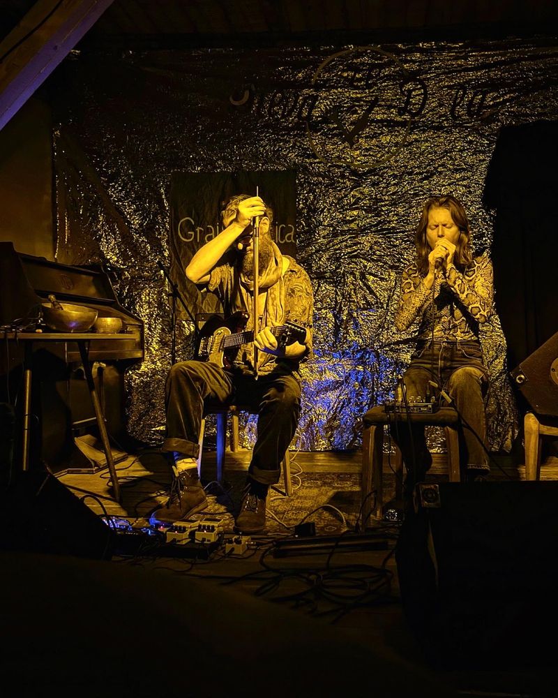 Musical Improvisational duo Road to Saturn playing a set on stage at Aleponija Bar in Rīga. EleOnora is on the right singing into a microphone, whilst Richard is on the left bowing an electric guitar and pressing a guitar pedal. The walk behind them is covered in glittering gold foil. 