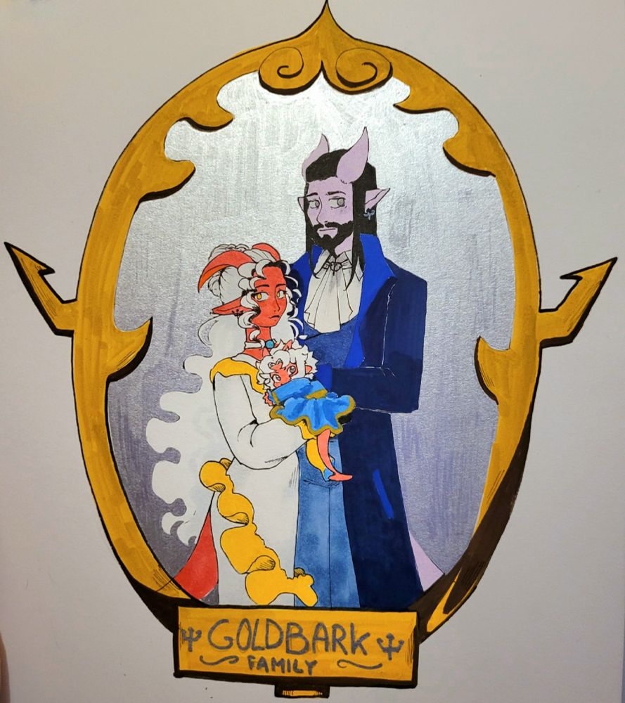 A family portrait of the Goldbark family. It is three tieflings; a lady tiefling with long curly white hair, red and two horns curling slightly backwards. She is wearing a long tight white dress with golden frills. She is holding a baby tiefling with red skin, fluffy white hair and short pointy horns and is wearing a blue and gold dress. Behind them is a tall male tiefling with light purple skin, grey eyes, a black beard and long straight black hair. He is wearing a dark blue coat. The background is silver and it is drawn in a golden frame with trident shapes on the sides.