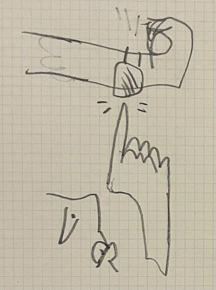Sketch of person clicking watch screen with free hand. The other arm (with the watch) is raised and rotated, as if shielding the person’s eyes from a phantasmagoric cacopoly of failing systems (gurgling and dissolving and getting closer) while, in the middle of it all, a dog sits in a chair and drinks coffee. This is the photo.