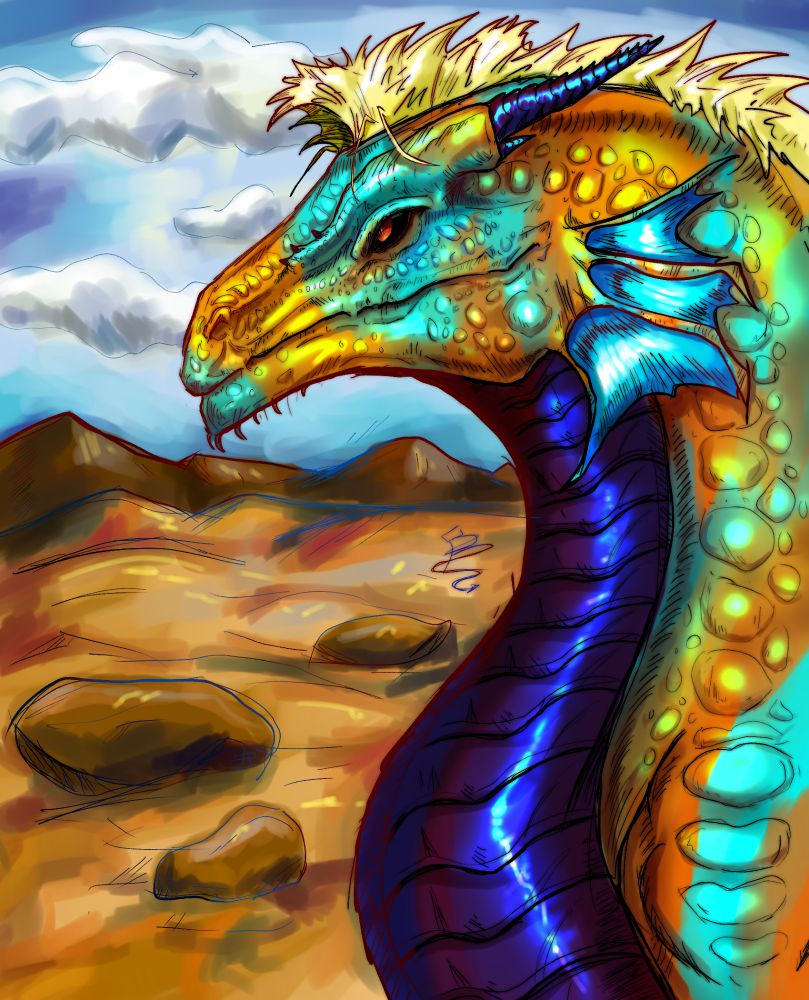 A blue and orange fella with a tufty yellow mane, dark blue horns and underbelly, and a desert stretching out behind him.