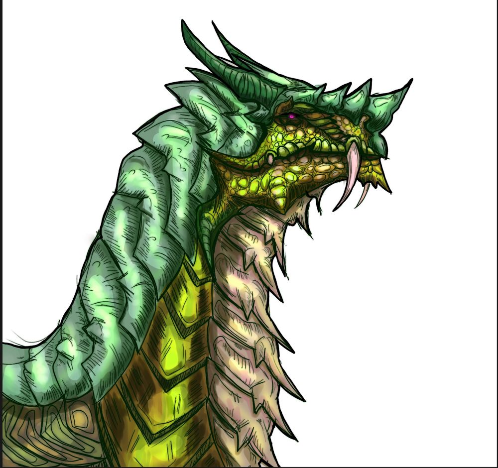 A dragon with different shades and hues of green plating looking firmly off to the left.