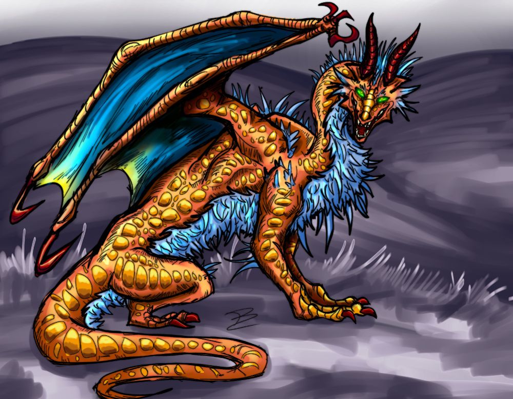 A orange-yellow dragon with a fluffy blue underbelly and chest leers at the camera. His eyes are a bright green, and his wings have a soft gradient down their webbing. He sits on a strangely colorless landscape.