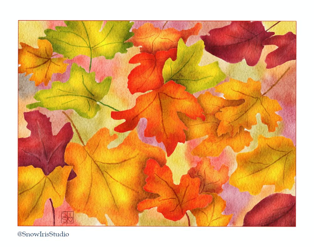 Digital watercolor art of fall leaves in various colors.