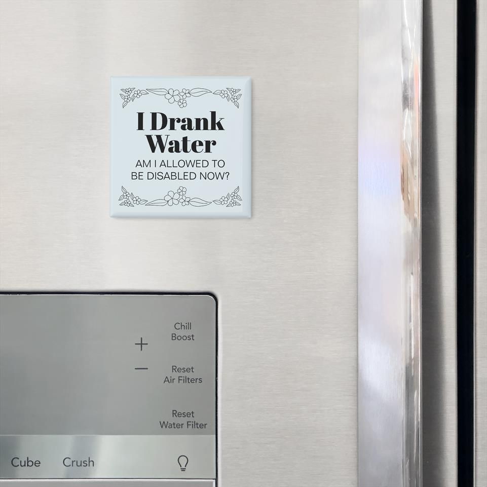 A stainless steel fridge door with a blue magnet on it. The pillow reads "I drank water, am I allowed to be disabled now?"