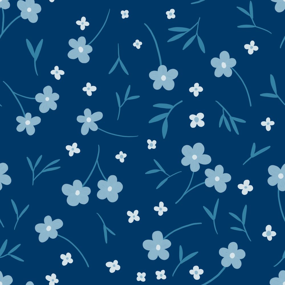 A monochromatic blue pattern tile of blue and white flowers and leaves on a darker blue background. 