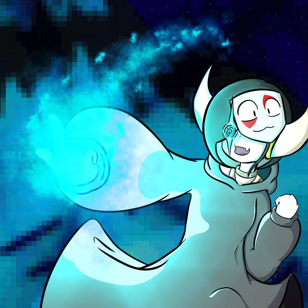 Heather, wearing the Chaos mask, using her fire powers against a background of pixelated mountains and a starry night sky