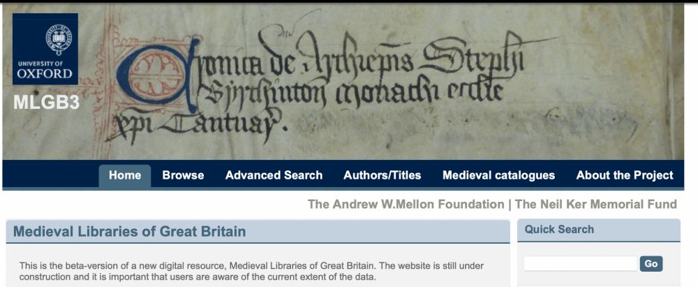Home page of the Medieval Libraries of Great Britain project beta website.