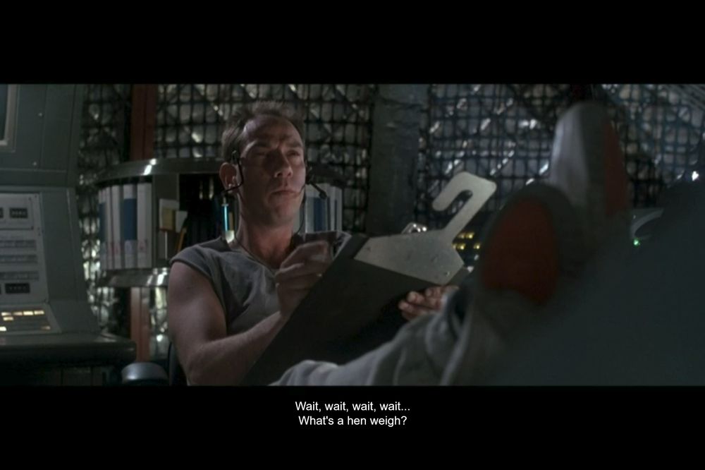 The great Miguel Ferrer responds "wait, wait, wait... what's a hen weigh?"