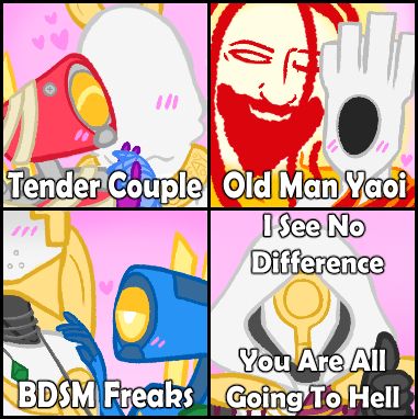 (Ultrakill Fanart) The picture is a play on the "love is love" meme image. It has four dividing squares. The first features V2 and the Ferryman holding hands with the caption "Tender Couple". The second square features Sisyphus Prime and Minos Prime together with the caption "Old man Yaoi". The third square features Gabriel and V1, while V1 has the rope of the whiplash curled around Gabriel's neck. The text reads "BDSM Freaks". The final square features the Councilor giving a thumbs-up, with the text "I see no difference, you are all going to Hell." 