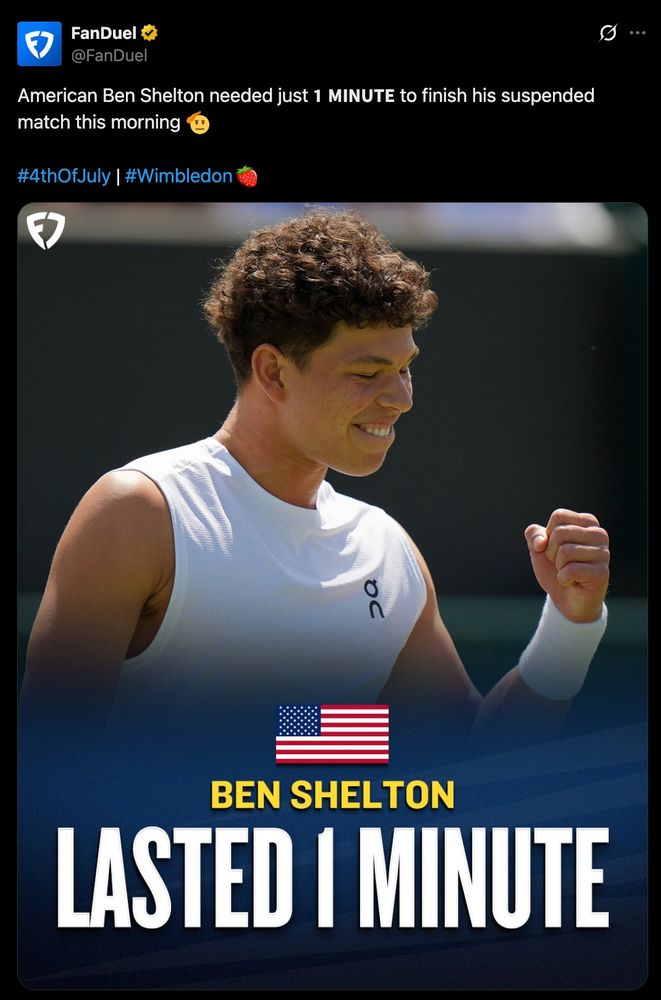 A FanDuel post on Twitter about Ben Shelton only needing one minute to finish the suspended match this morning. The graphic is of Ben Shelton celebrating with text that reads "Ben Shelton Lasted 1 Minute."