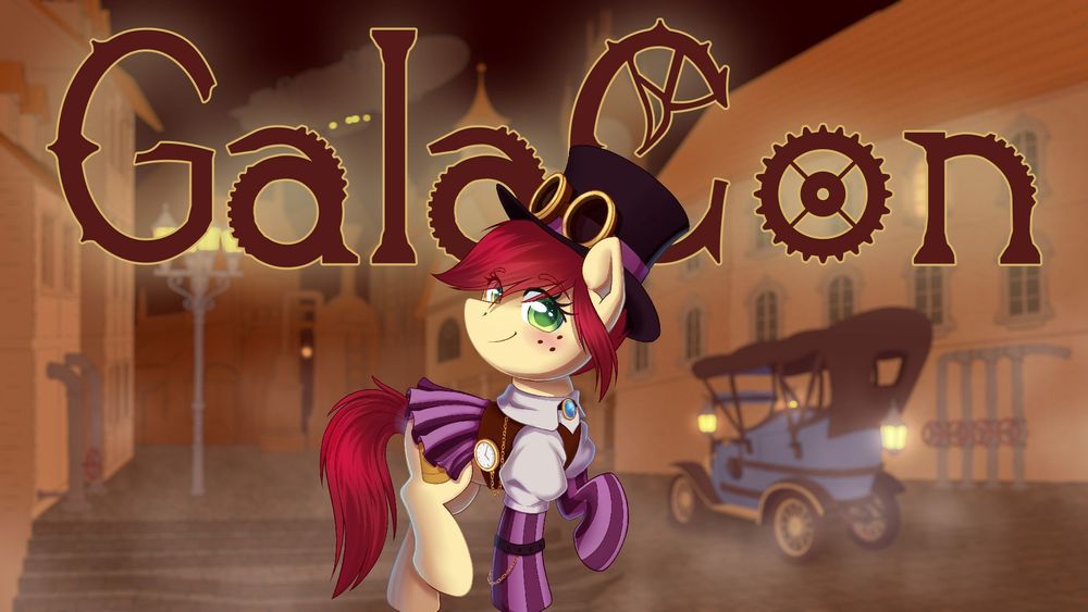 An image of Galacon's mascot Canni Soda, wearing a top hat, in a purple striped outfit, standing in front of the logo, which is stylised to look like it's made of brass gears.
In the background, there is a scene of a city in Steampunk style. A car stands on a road with pipes and valves next to it on the right of Canni.