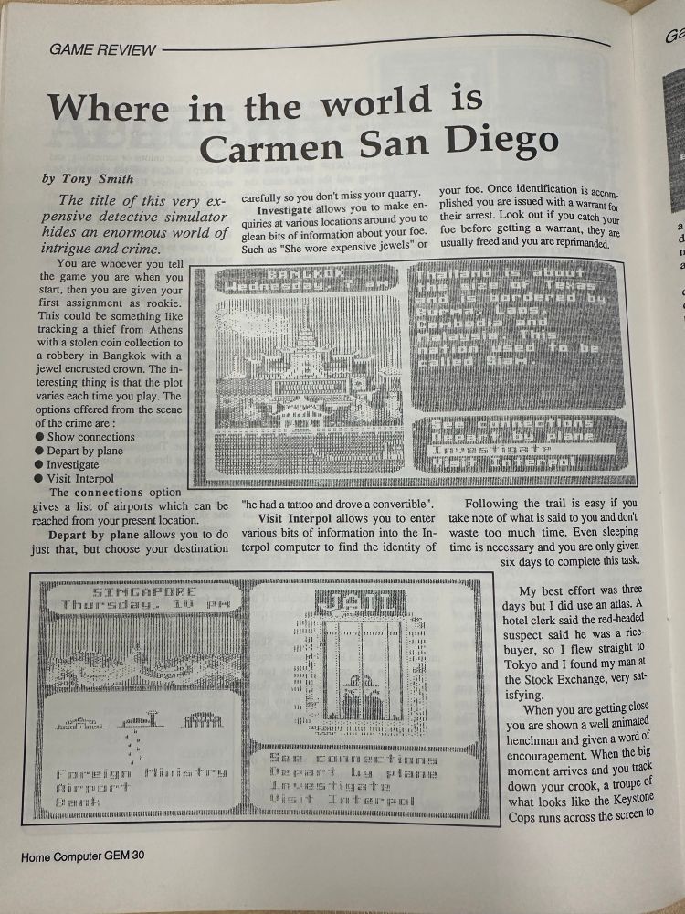 Where in the World is Carmen Sandiego? 
review by Tony Smith from September 1987 issue of Australian Home Computer G.E.M. magazine