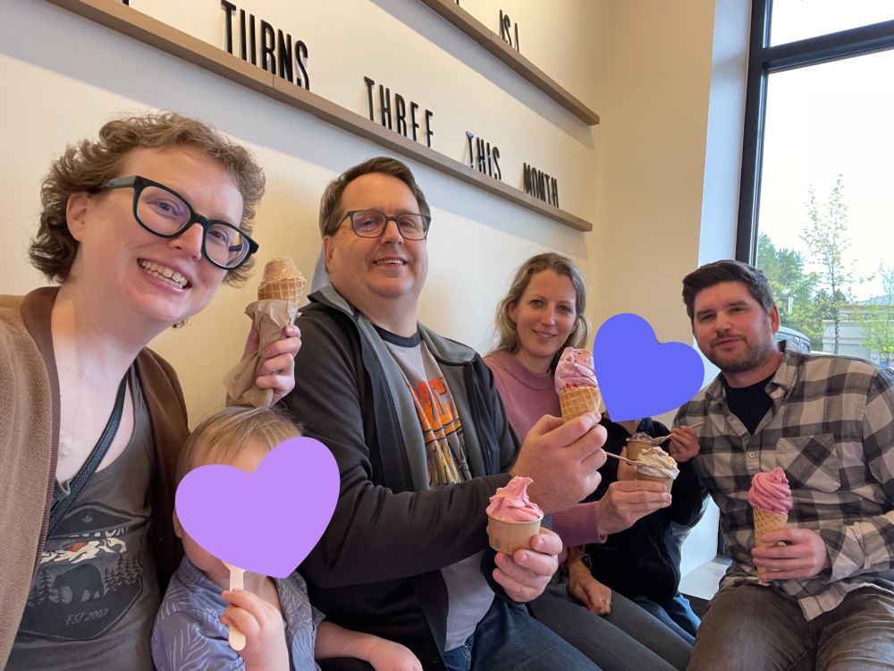 Andrea, Miles, Blair, Sarah, Colton, and Matt sit with their ice creams.