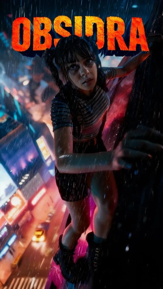 OBSIDRA poster by Andrej Klimov, Mind Attic – A young woman climbs a rain-soaked city skyscraper at night, illuminated by neon lights below, with a monstrous shadow looming behind her, capturing a tense cinematic moment of determination and danger.