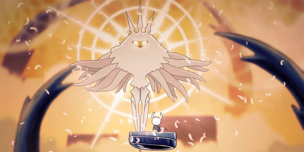 the radiance from hollow knight, an angelic white bug haloed in gold rings, its burning eyes the source of the poison that’s infected the game world