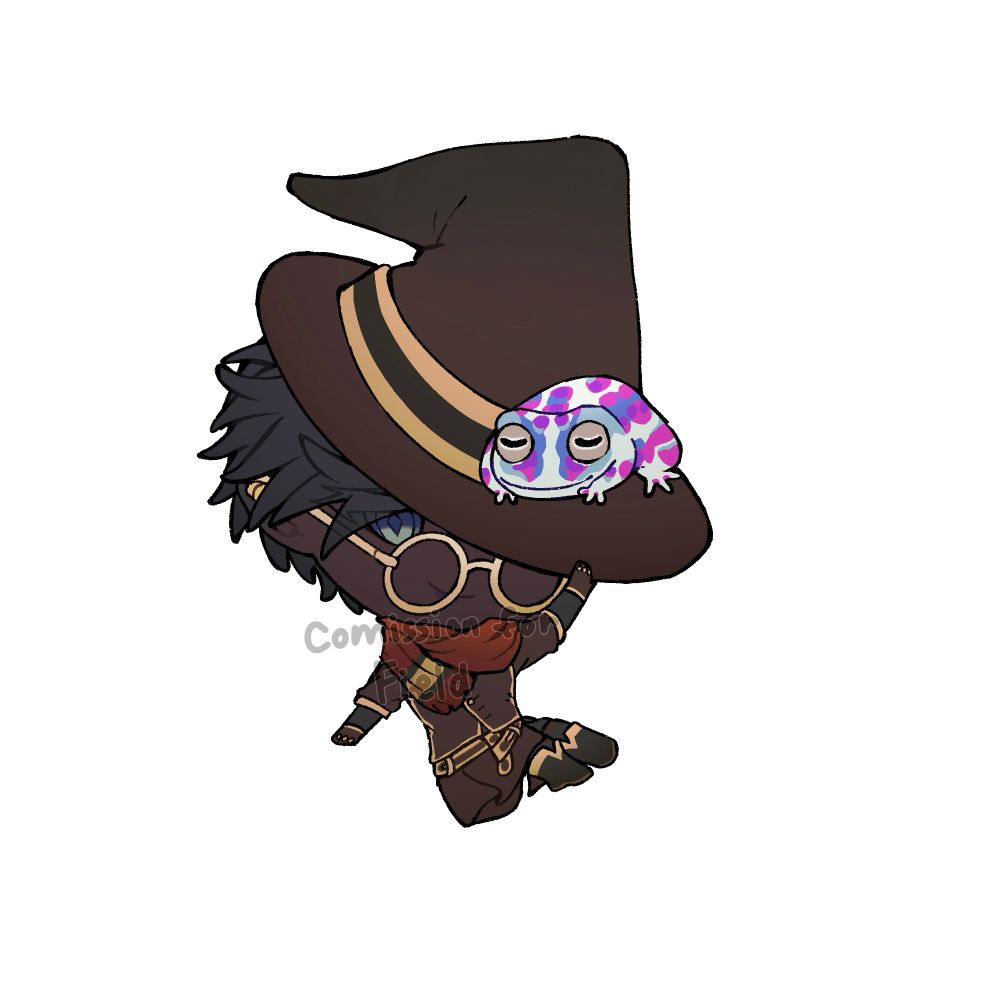 A chibi of a dark skin elf. Her ear tips are tinted with black and wears gold ring earrings and has dark hair. She is tipping her big pointy hat. It has frog with pink and blue spots on it. While wearing a red scarf she also has a long brown coat with gold lining. Her boots are black with gold lining as well. 