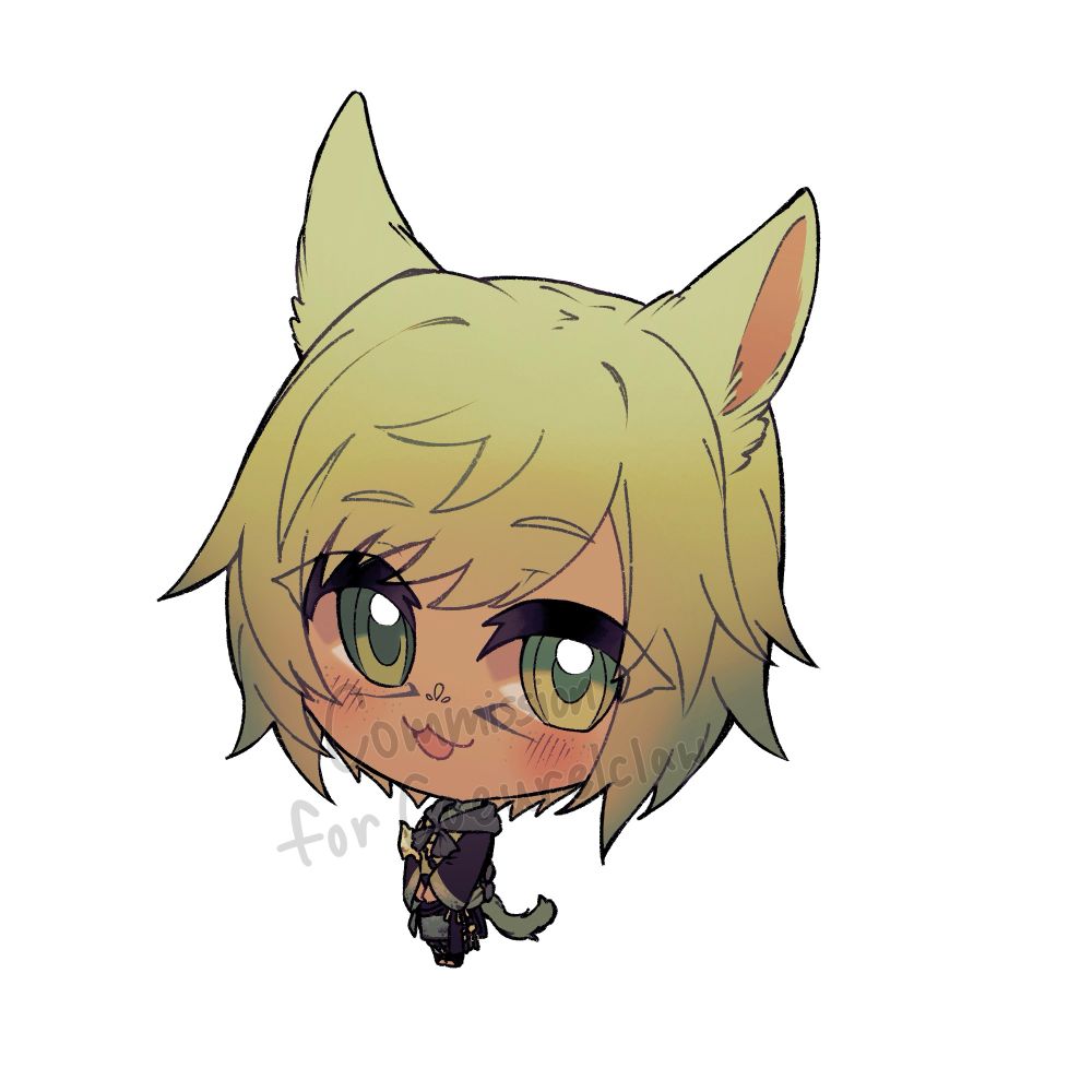 A chibi of a light green haired miqote with short hair in the far eastern journey outfit. He has green eyes, one is a different shade than the other.