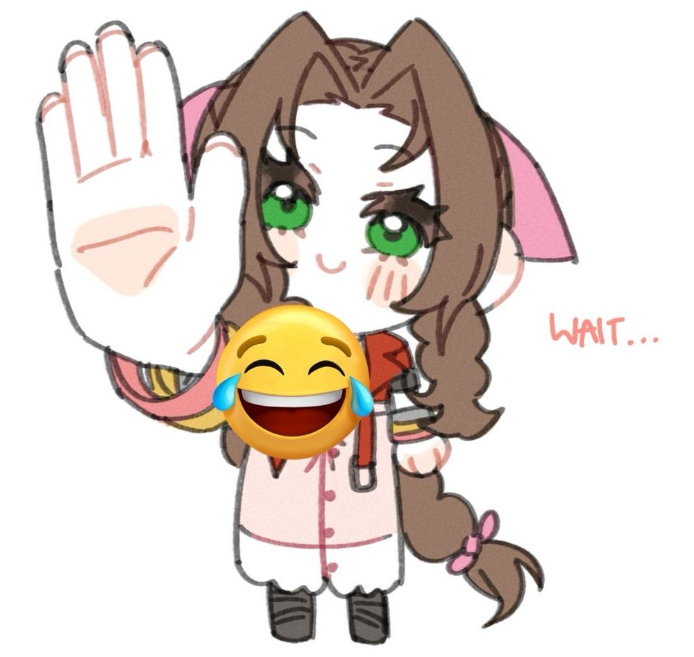 Small chibi Aerith doing a big stop hand sign with caption saying "Wait..."