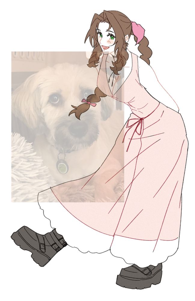 Full body of Aerith in her iconic arms behind back pose leaning forward and swaying her right leg a bit.