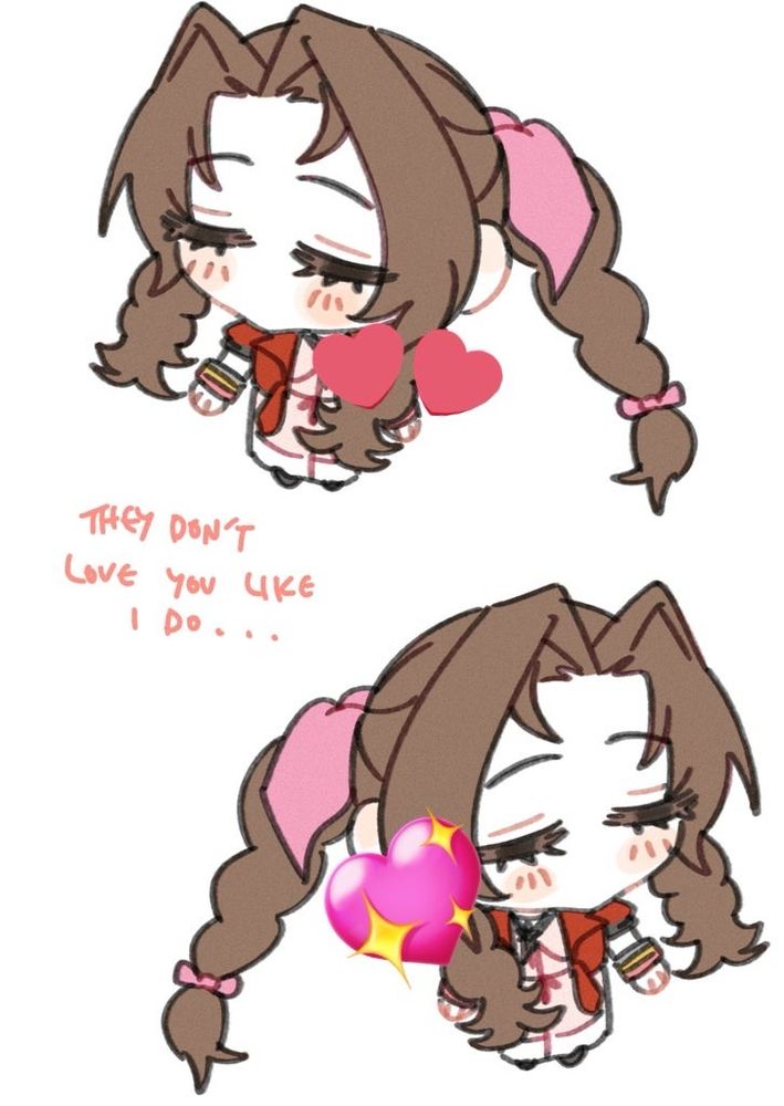 Two chibi aerith sprites motioning a head sway with a caption "They don't love you like I do..."