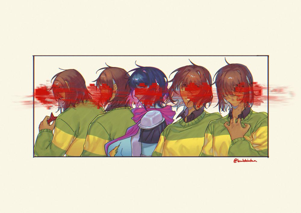 5 of Kris in horizontal layout with their face smudged by a red heart of each. One of the Kris is in their Dark world outfit. 