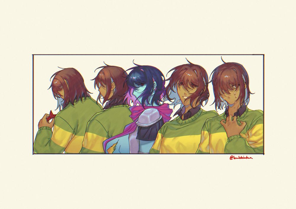 5 of Kris in horizontal layout, each with different expressions, but first two's expressions are unknown as their back side are only seen. One of the Kris is in their Dark world outfit. As you go down the line it seems like Kris is turning towards you.