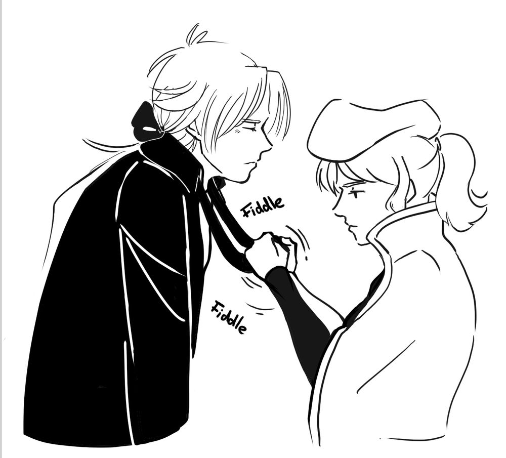 Headhunter and Fifteen from the video game Katana Zero. Headhunter is tying Fifteens' bowtie. 