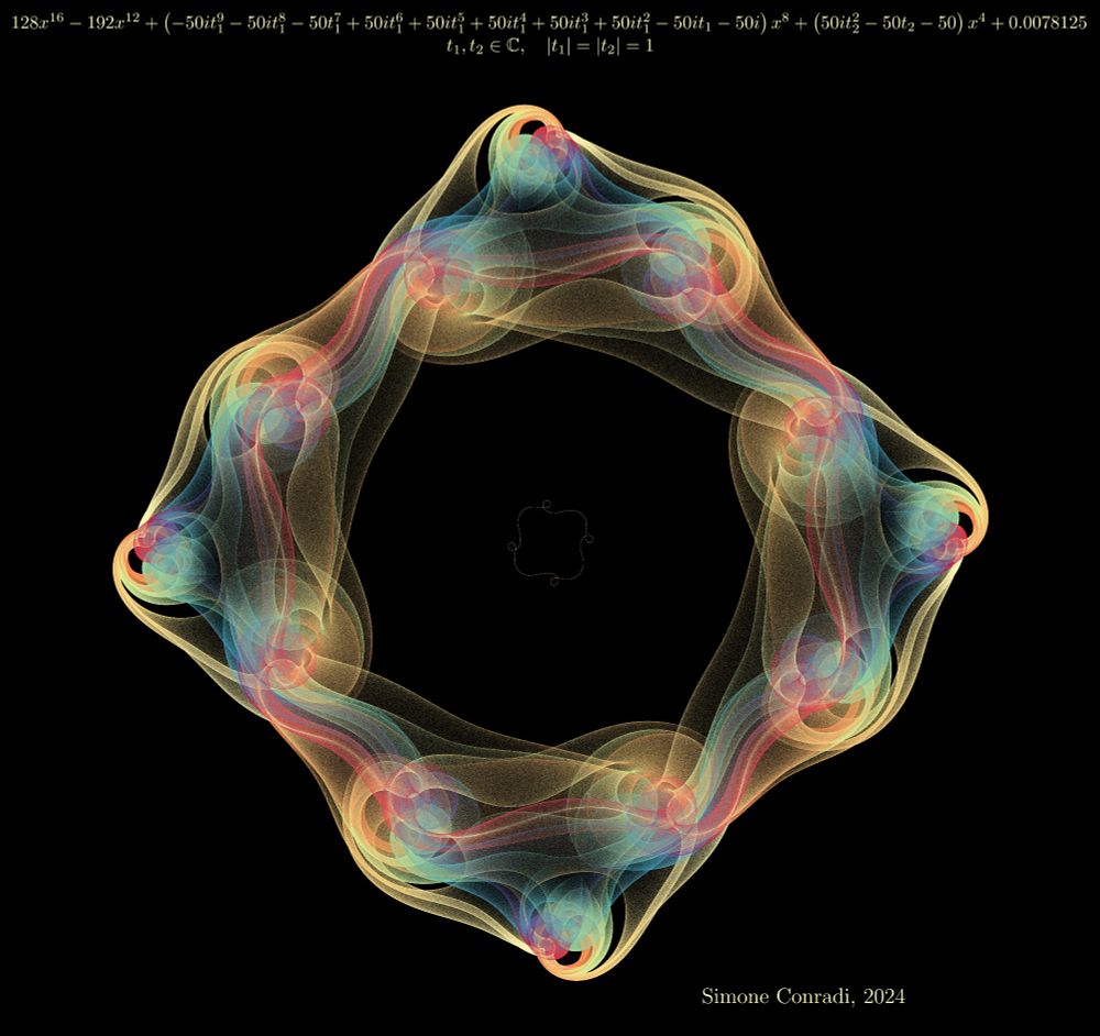 "A mathematical visualization resembling a glowing, symmetrical diamond shape against a black background. The image is composed of overlapping translucent curves in turquoise, coral pink, and golden yellow, creating a flowing, wavelike pattern. The structure has four-fold rotational symmetry, with each quarter section containing gentle curves that spiral outward, forming bulges at the corners. The curves appear to have a ghostly, luminescent quality, giving the impression of light passing through layers of delicate glass.