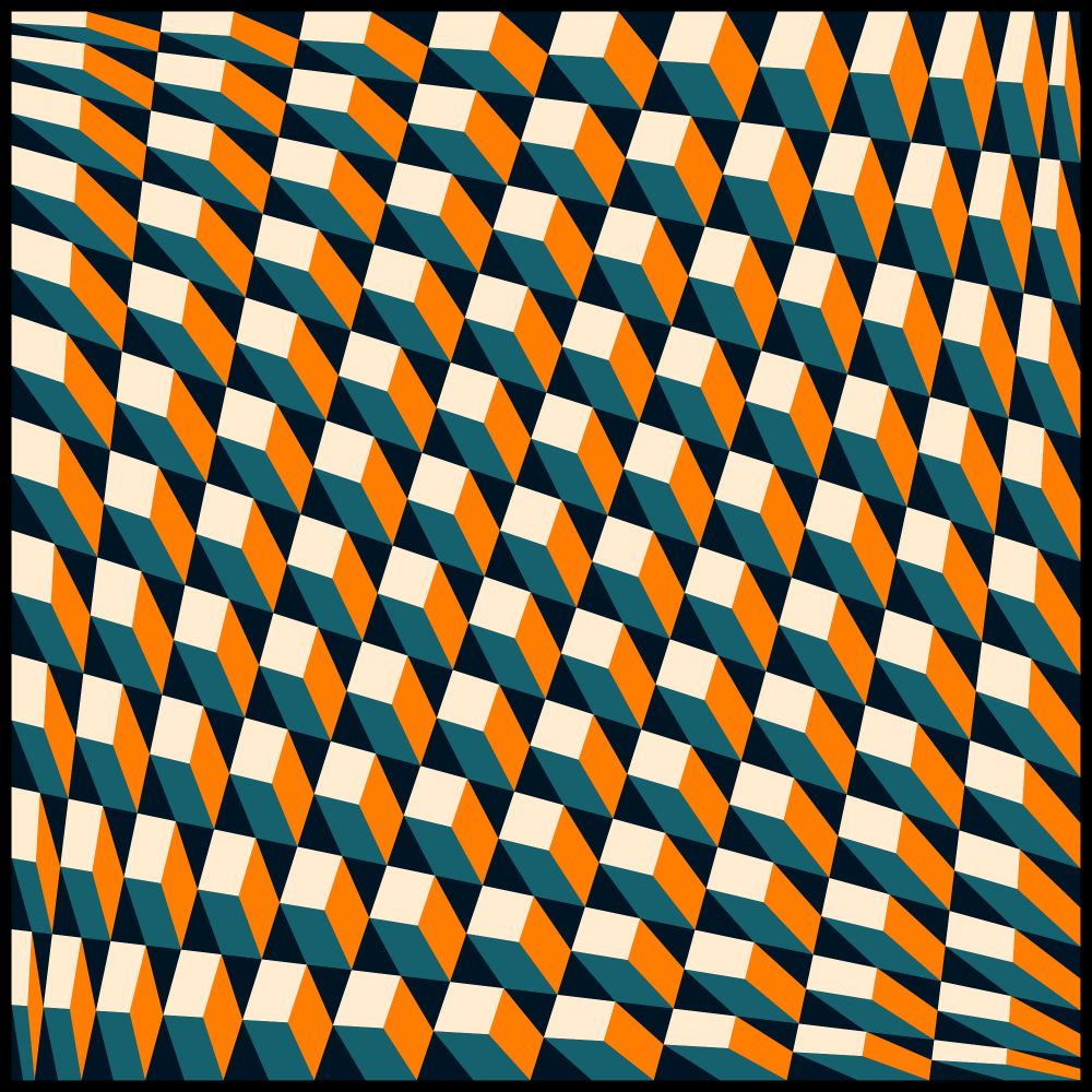 A geometric Op Art pattern featuring repeating diagonal stripes in teal, orange, and cream colors. The stripes create a dynamic, three-dimensional illusion of undulating waves or folds across the square composition. The pattern consists of regular, alternating parallelograms that appear to curve and warp despite being composed of straight lines, characteristic of Franco Grignani's optical art style.