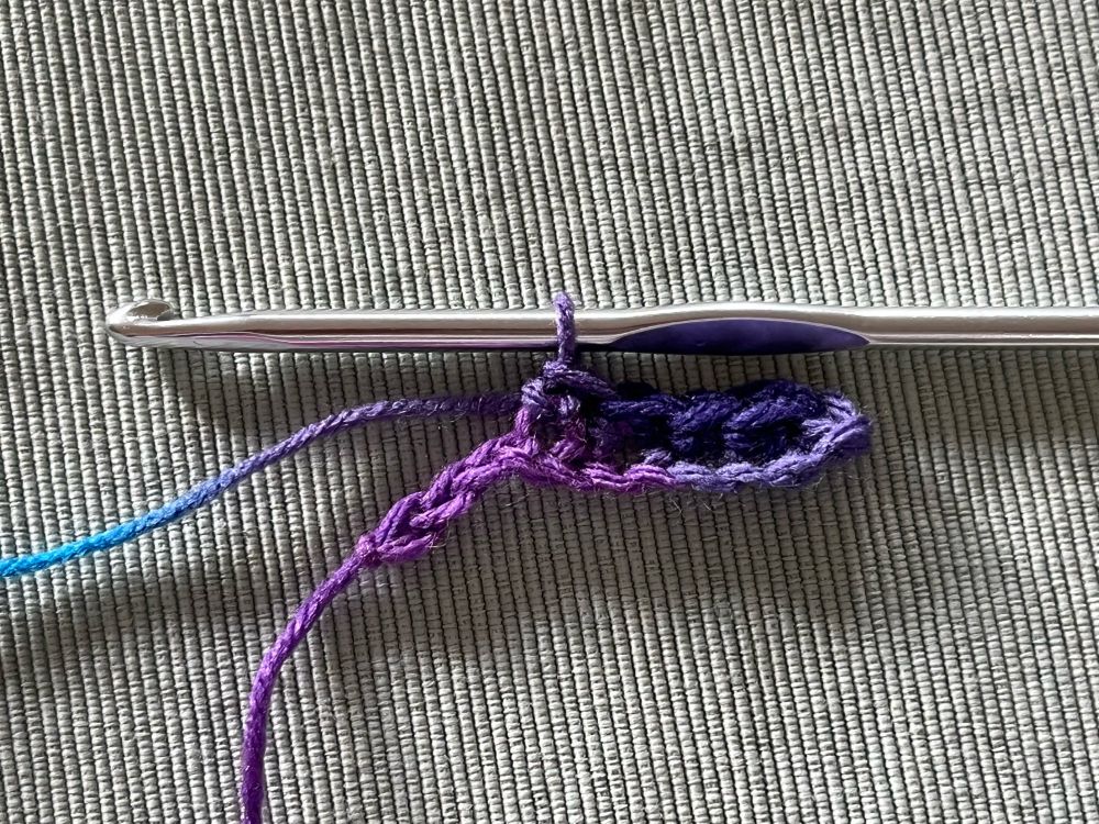 A silver hook with the start of a small crochet piece in purple yarn.