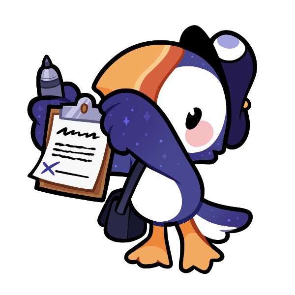 illistration of a cartoon puffin with a navy color scheme holding a clipboard and a pen.