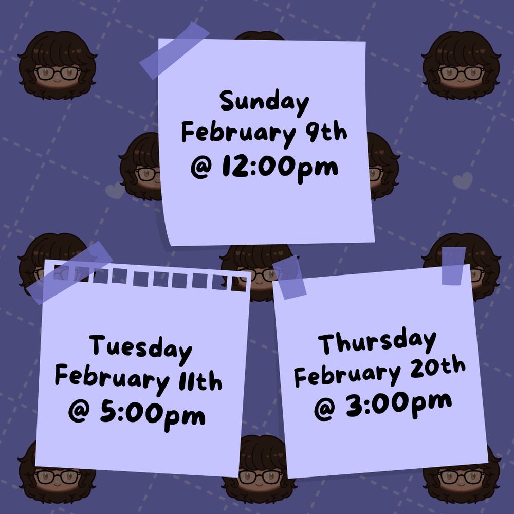 Graphic with lavender tones that has three post-it note inspired boxes with the dates and times listed in the post. 