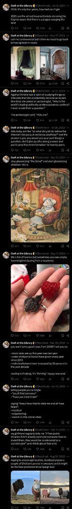 Screenshot of random posts from Owl! At the Library. Posts about Shetland ponies in sweaters, the importance of reading, and how to sound like a recluse witch.