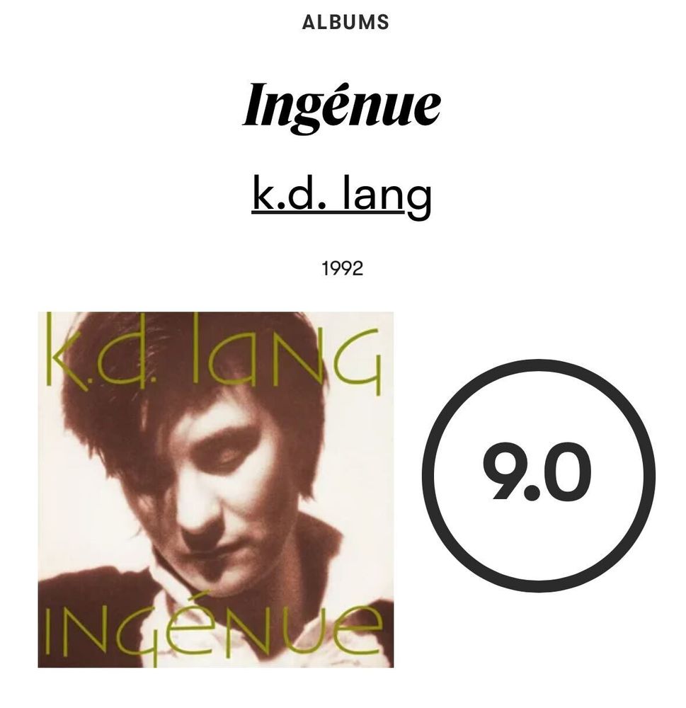 Ingénue by k.d. lang cover with 9.0 score
